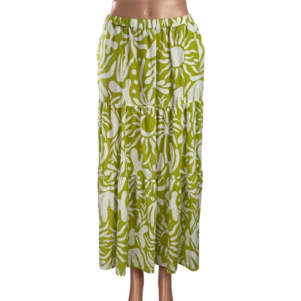 Christian Siriano Womens Green Floral Elastic Waist Tiered Midi A-Line Skirt L